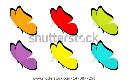 Butterfly icon set. Cute cartoon kawaii funny character. Colorful blue red yellow green orange violet wings. Flying insect silhouette. Flat design. Baby clip art. White background. Isolated 