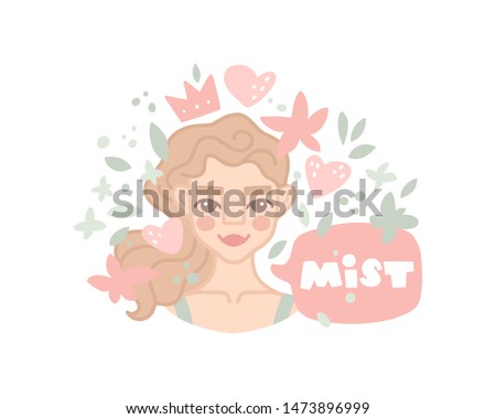 Vector hand drawn illustration in flat style. Girl with curly hair and the inscription. Mist lettering in speech bubble. Background with flowers, heart, crown. Border in sketch style. Skincare routine
