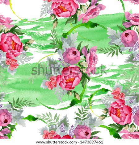 Peony bouquet floral botanical flowers. Wild spring leaf wildflower. Watercolor illustration set. Watercolour drawing fashion aquarelle. Seamless background pattern. Fabric wallpaper print texture.
