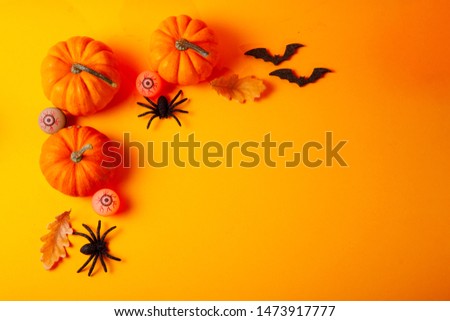 Halloween flat lay top view scene with pumpkins and spiders on orange background with copy space