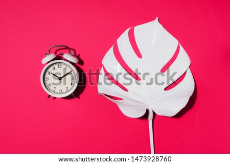 White alarm clock and monstera leaf over pink background with copy space. Top view. Flat lay. Wake up alert concept. Morning routine