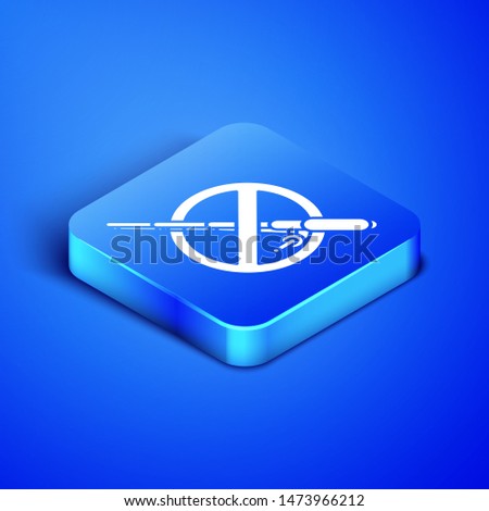 Isometric No fishing icon isolated on blue background. Prohibition sign. Blue square button. Vector Illustration