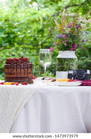 Summer picnic in nature, with a delicious chocolate cake, fruit compote, berries, wild flowers. Festive summer table with treats