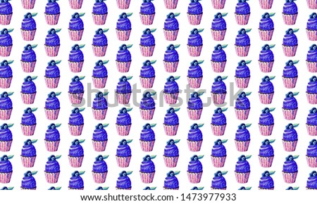 Hand drawn watercolor seamless background with a blueberry muffin and currant cake. Romantic concept. Background for textiles, packaging, Wallpaper. Decoration for pastry shops, bakeries, pastry shops