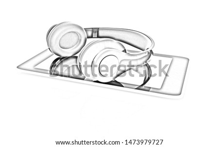 a creative cellphone with headphones isolated on white, portable audio concept. Pencil drawing. 3D illustration