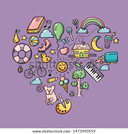Doodle set of objects from a child’s life, sketch outline elements for you design. Vector illustration. Sweets, toys, bicycle, rollers, rainbow, sun and other symbols