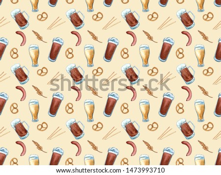 Beer icons seamless pattern hop branch, wooden barrel, glass of beer, beer can, bottle cap, beer mug, barley . Oktoberfest background.