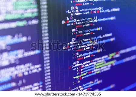 Modern tech. Monitor closeup of function source code. Writing program code on computer. Database bits access stream visualisation. Website development.  