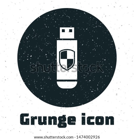 Grunge USB flash drive and protection shield icon isolated on white background.  Vector Illustration