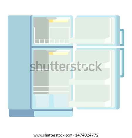 Fridge in Cartoon Flat style. Open Refrigerator. Flat Vector illustration. Empty open fridge. New Two-compartment Open Door Refrigerator.