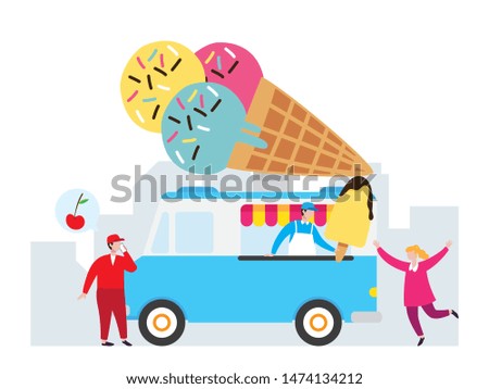 Ice cream shop and truck with tiny people illustration.