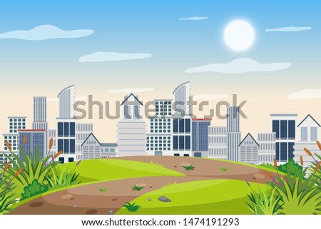 An outdoor scene with skyscraper illustration