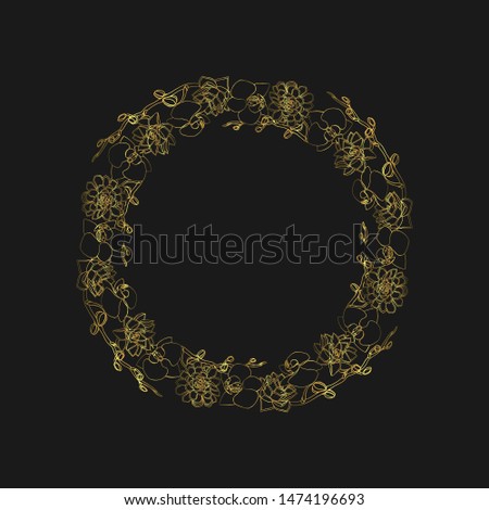 Hand drawn doodle style succulent and orchid flowers 
golden wreath. floral design element. isolated on black background. stock illustration