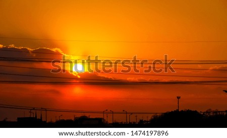 Sunset city horizon House,Cable and electric pole silhouette branch landscape, Orange sky background.
