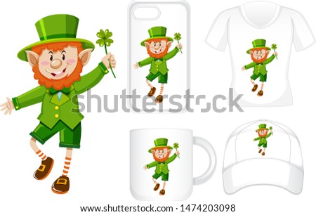 Graphic design on different products with leprechaun illustration