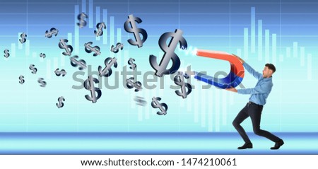 Man attracting currency symbols with magnet on blue background