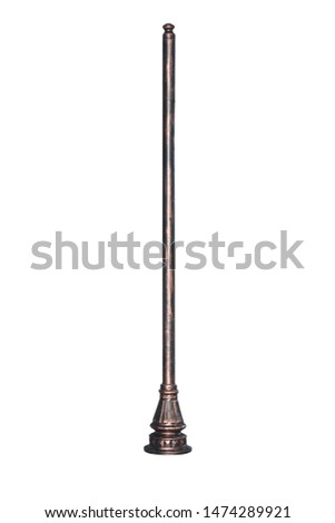 Tumbled painted vintage iron street and garden lamp post on isolated white background, front view. iron pole.