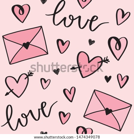 Cartoon Valentine's day vector pattern with hand drawn hearts, love letters, envelopes and words love. Design for gift wrap, stationery, textiles, clothing, home decor.