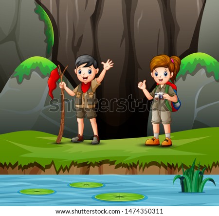 Cartoon of scout boy and girl exploring nature