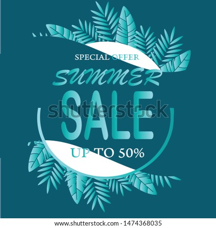Vector paper cut poster with tropical leaves and text Summer Sale. Banner design template.