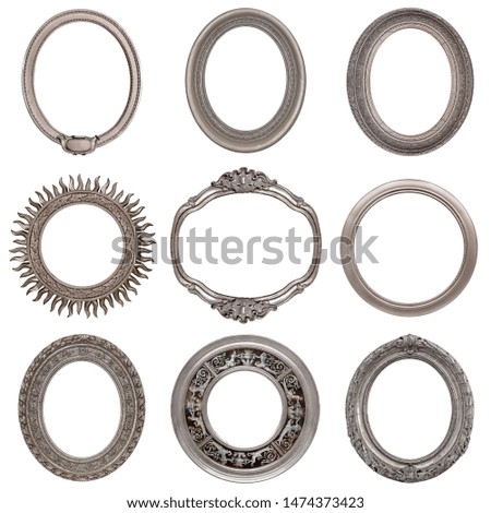 Set of round silver frames for paintings, mirrors or photo isolated on white background