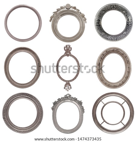 Set of round silver frames for paintings, mirrors or photo isolated on white background