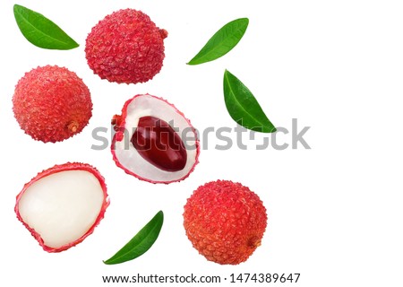 Fresh lychee with leaves isolated on white background. top view Royalty-Free Stock Photo #1474389647