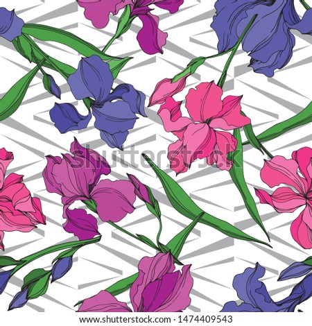 Vector Irises floral botanical flowers. Wild spring leaf wildflower isolated. Black and white engraved ink art. Seamless background pattern. Fabric wallpaper print texture.