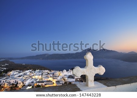 Panoramic view of Plaka in Milos Island. In the background you can see the bay and the Aegean Sea.
