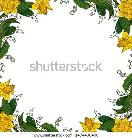 Decorative floral frame with lilies-of-the-valley and yellow daffodils for your season design. Raster copy