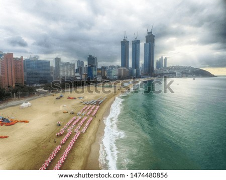 Aerial View of Cloudy Summer Morning of Haeundae Beach, Busan, South Korea, Asia