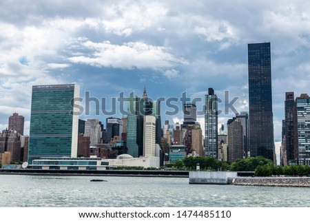 East River, the headquarters of the United Nations (UN) and the Manhattan skyline in New York City, USA
