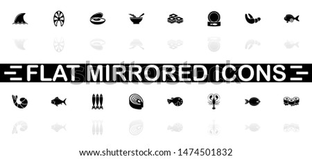 Sea Food icons - Black symbol on white background. Simple illustration. Flat Vector Icon. Mirror Reflection Shadow. Can be used in logo, web, mobile and UI UX project.