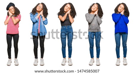 Collage of beautiful young woman with curly hair over white isolated background sleeping tired dreaming and posing with hands together while smiling with closed eyes.