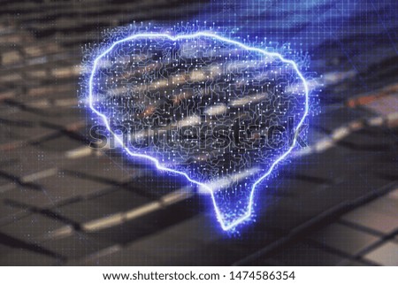 Brain drawing hologram with abstract background. Multi exposure. Data technology concept.