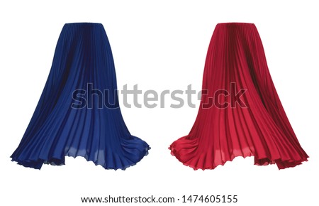 Beautiful luxurious female set, long bright red and dark blue pleated skirt, Fabric Cloth Waving On Wind, clipping, ghost mannequin, isolated on white background, front view Royalty-Free Stock Photo #1474605155