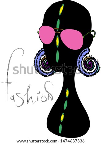 Female head manikin, accessories. Pink sun glasses, spiral earrings