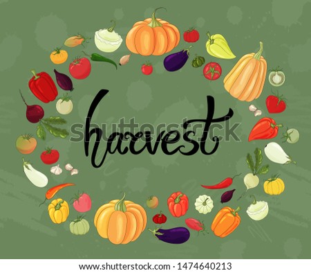 Autumn vegetables icon set on green background. Good harvest backdrop. Thanksgiving wallpaper. Hand drawn vegetables.Tomatoes, onions, garlic, pumpkin, peppers, chili peppers. Vegetarian nutrition.