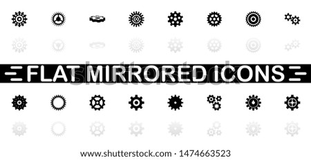 Gear icons - Black symbol on white background. Simple illustration. Flat Vector Icon. Mirror Reflection Shadow. Can be used in logo, web, mobile and UI UX project.