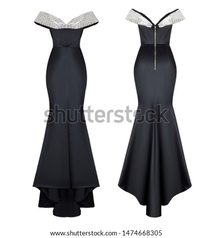 Beautiful luxurious women's set of long black evening dress with corset and sequins, clipping, ghost mannequin, isolated on white background, front and back view