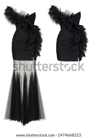 Beautiful luxurious women's set of black evening dresses with a corset and feathers, long and short, clipping, ghost mannequin, isolated on white background, front  view 