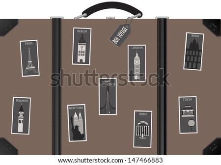 Travel suitcase with  postage stamps with famous cities. 