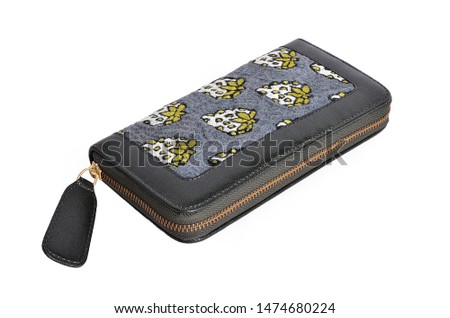 An Embroider grey fabric zipped clutch purse