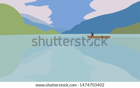 Fishing on the lake in the mountains. Fisherman sitting on old wooden boat and waiting for a fish. Flat design vector illustration
