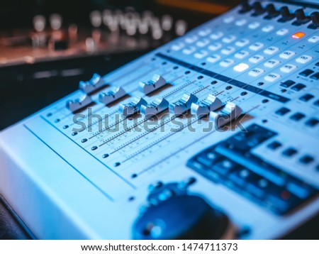 Professional Recording Studio. Interface of equipment for sound processing. Fader. Different modes of audio console. Working on song or voice