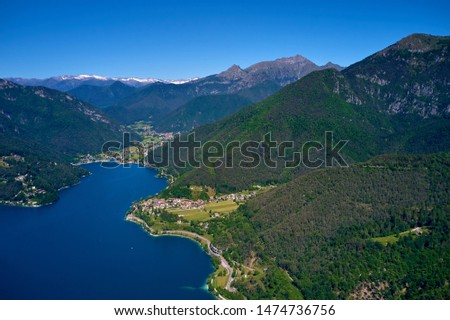 Aerial photography with drone. Panoramic view of Lake Ledro in the north of Italy In the Alps.