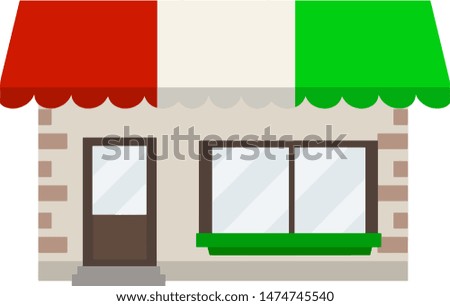 Italian shop. Building of store and pizzeria. Red green sign. element of a city street. Little diner. Facade of house. European and national cuisine. Cartoon flat illustration
