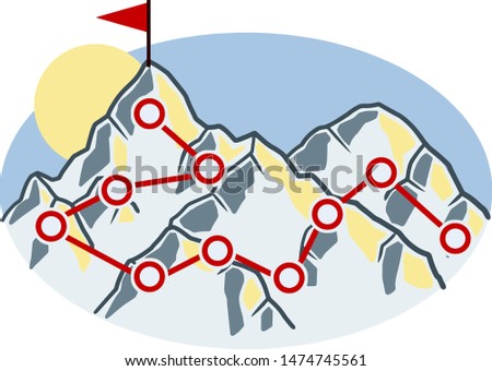 Climbing mountain with red flag. Points and stages of route. Self-development and success. Mountaineering and sports. Cartoon hand drawn illustration. Business motivation in personal growth