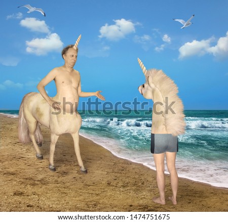 The centaur unicorn meets the strange horse on the beach of the sea. 