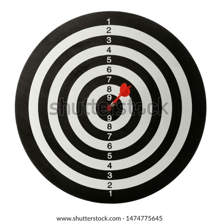 Red arrow hitting target on dart board against white background